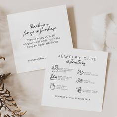 Stylish Simple Modern Minimal Jewelry Care Instructions Earring Business Care Instruction Cards, Earring Business, Modern Minimal Jewelry, Perfume Names, Box For Jewelry, Business Thank You Cards, Packing Jewelry, Jewelry Care Instructions, Packaging Ideas