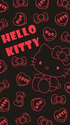 an image of hello kitty on a black background with red hearts and the words i love you