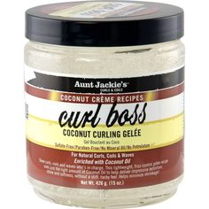 Aunt Jackie's Curl Boss Coconut Curling G?lee is the perfect styling remedy for help achieve soft, bouncy, smooth, hydrated, radiant-looking curls, coils and waves. Great for 1c - 4c textures, wash-n-go styles, and any curly style in need of long lasting moisture. When used properly, and along with other Aunt Jackie's therapies, Curl Boss can help minimize shrinkage, and won't weigh hair down, or cause flaking or caking. Gender: unisex. Aunt Jackies Hair Products, Aunt Jackie, Coconut Creme, S Curl, Wash N Go, Blow Dry Hair, Type 4 Hair, Frizz Control, Hair Down