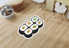 there is a sticker with sushi on it in the middle of a room