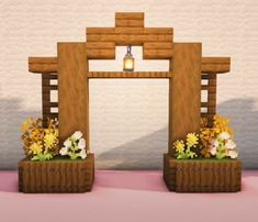 two wooden planters with flowers in them