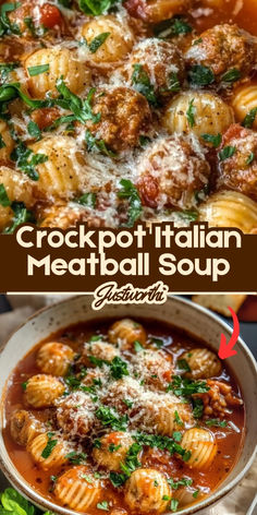 the recipe for crockpot italian meatball soup is shown in two different pans