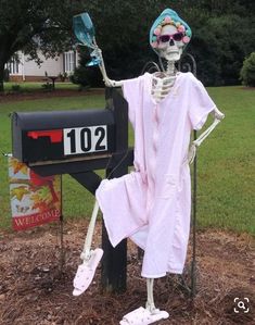 a skeleton dressed in pink is standing next to a mailbox