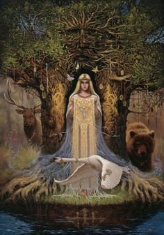 a painting of a woman surrounded by animals