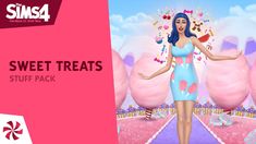 a girl in a blue dress is standing next to some pink candies and the words, sweet treats stuff stuff pack