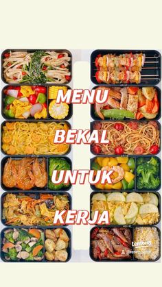 several trays filled with different types of food and the words menu beral untuk keruja