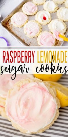 raspberry lemonade sugar cookies on a baking sheet and next to a cookie