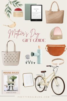 the mother's day gift guide is shown with her bicycle, purse and other items