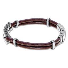 A stainless steel curb chain connects to brown leather cords in this rugged men's bracelet. The bracelet adjusts to 8.5, 9, or 9.5 inches in length. Casual Brown Metal Bracelets, Casual Brown Metal Bracelet, Adjustable Brown Leather Bracelet With Stainless Steel Clasp, Modern Brown Metal Bracelets, Modern Brown Metal Bracelet, Adjustable Brown Bracelet With Stainless Steel Clasp, Leather Bracelet With Adjustable Lobster Clasp, Adjustable Leather Bracelet With Lobster Clasp, Adjustable Brown Bracelet With Lobster Clasp