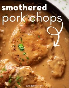 some meatballs and gravy are in a skillet with the words smothered pork chops