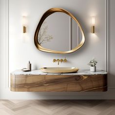 a bathroom with a sink, mirror and lights on the wall next to each other