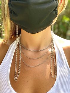 This Simple silver curb chain is the most easiest way for guys and girls to hold their masks in place when not on your face! Easy to attach, just put the lobsters clasps on your mask straps and your all set Comes with sunglass loops Trendy Silver Glasses Chains For Summer, Adjustable Silver Glasses Chain With Chain Strap, Adjustable Silver Glasses Chain Fashion Accessory, Silver Adjustable Chain Glasses Chains, Silver Adjustable Glasses Chains For Fashion, Silver Adjustable Glasses Chain, Silver Mask, Glasses Chains, Glasses Chain