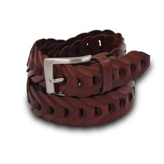 a brown leather belt with metal buckles on the front and side, all in braiding