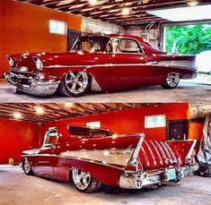 an old red car parked in a garage next to another classic car with chrome rims