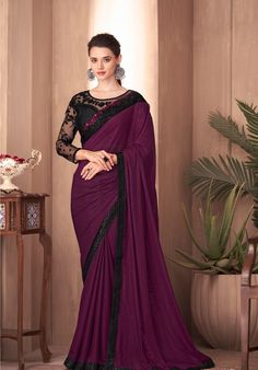 Wine Color Saree, Bollywood Sarees Online, Party Saree, Kurti Designs Latest, Party Sarees, Lehenga Choli Online, Ready To Wear Saree, Satin Saree, Latest Sarees