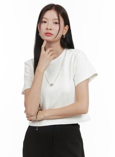 Product Detail Style : Casual, Minimal Occasion : Work wear Type : Essentials, TShirts Print : Solid Material : Cotton, Spandex Sleeve : Short sleeve Neck : Round neck Length : Crop Cotton95 Spandex5 Color : White, Black, Gray Made in Korea Model Size Model is wearing size S/M and the color White. Height : 5'5" | 165cm / Top : S / Bottom : S (26 inch) .prddescription table, .prddescription td, .prddescription th { border : 1px solid black; border-collapse : collapse; padding: 10px; } Size(Inch) Versatile White Crew Neck Top, Basic Stretch Knit Top With Short Sleeves, White Short Sleeve Knit Top For Work, Minimalist Stretch T-shirt With Short Sleeves, Minimalist Stretch Short Sleeve T-shirt, White Crew Neck Short Sleeve Top For Work, Minimalist Short Sleeve Tops For Workwear, Minimalist Short Sleeve Tops For Work, Versatile White Short Sleeve Tops