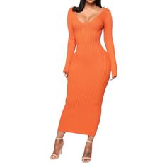 Fashion Nova | Kallan Knit Dress - Orange Vibrant Sweater Dress From Fashion Nova. Great Material (Stretch). * Nwot. Never Worn. * Size : Large; Color : Orange * Sweater Ribbed / Stretch * Long Sleeve V-Neckline, Ankle Length * 70% Rayon 30% Nylon *Shoulder To Bottom Hem Approx 55” *Color Sold Out On Website I Received This Dress As A Gift. I Already Have One As Shown In The Photos. *Note: Color In The Pictures Might Differ Slightly From Products Due To Lighting, Flash, And Screen Resolution. Cr