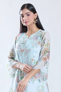 Powder blue bell sleeves kurta with all over flora print and sequin work on the yoke. Paired with a sharara. - Aza Fashions Sharara For Women, Kurta With Sharara, Blue Kurta, Blue Bell, Women Kurta, Powder Blue, Aza Fashion, Cotton Silk, Bell Sleeves