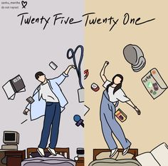 two people standing on top of a bed next to each other with the words twenty five twenty one above them