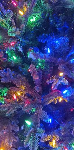 the christmas tree is decorated with multicolored lights