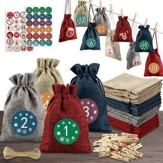 the bags are filled with wooden clothes pins and numbers for each individual to choose from