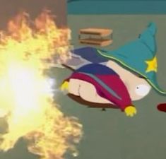 a cartoon character flying through the air next to a fire