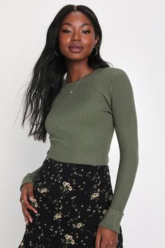 Karlee Olive Green Ribbed Knit Long Sleeve Sweater Top Ribbed Stretch Knit Top, Ribbed Long Sleeve Stretch Crop Top, Stretch Ribbed Knit Top, Winter Ribbed Crew Neck Crop Top, Solid Stretch Knit Crop Top, Fitted Solid Color Crew Neck Knit Top, Solid Ribbed Knit Crop Top, Fitted Knit Top With Ribbed Scoop Neck, Winter Stretch Ribbed Tops