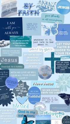 a collage of blue and white images with the words i am jesus on them