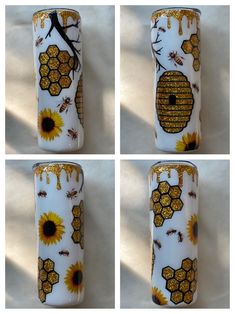 four pictures of bees and honeycombs on a white vase