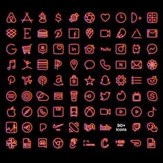 a large set of neon colored icons on a black background, all in different shapes and sizes