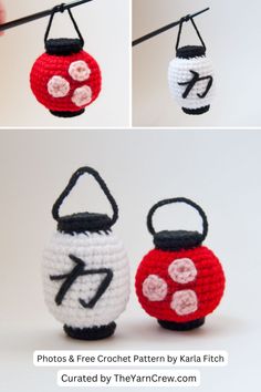 crocheted handbags are hanging on a string with the same color and pattern