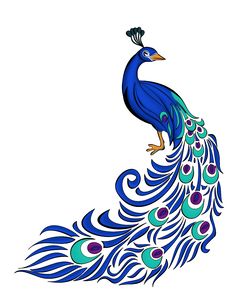 a drawing of a blue peacock with its tail spread out and colorful feathers on it's back