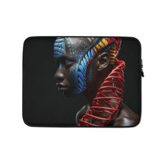 a laptop case with an african woman's face and red strings on the side