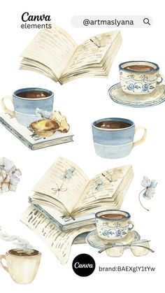 an open book and two cups of coffee on top of each other with the words canvas elements