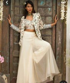 Jacket With Plazo Suit, Plazo Crop Top With Jacket, Plazo With Jacket, Indo Fusion Outfits Women, Fusion Wear Indian Western, Indian Western Fusion Fashion, Western Work Wear For Women, Indian Fusion Wear, Indowestern Outfits