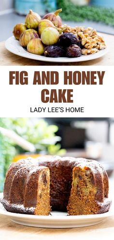 a cake on a plate with the words fig and honey cake lady lee's home