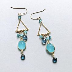 'chandie' earrings - blue chalcedony Ruby Quartz, Gold Chandelier Earrings, Chalcedony Earrings, Chalcedony Stone, Gemstone Jewelry Handmade, Jewelry Brand, Blue Quartz, Blue Chalcedony, Gold Earrings Dangle