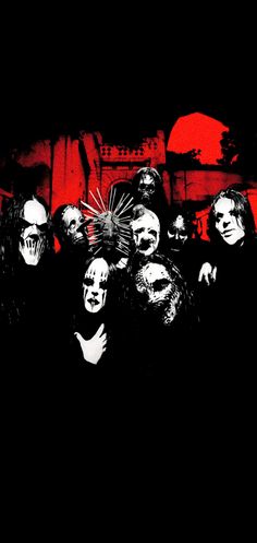 a group of people standing next to each other in front of a red background with the words slipknot on it