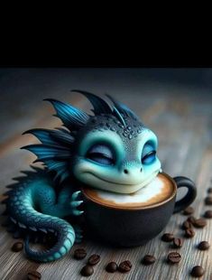 a small blue dragon sitting in a cup with coffee beans around it and its eyes closed