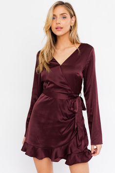 Color: Plum Purple Mini Dress Satin Long Sleeve Full Wrap Tie Dress Long Sleeve Back Zipper Fully Lined with shorts liner under skirt V-Neck Front Button Top Closure 95% POLYESTER 5% SPANDEX Womens Fall Collection Dress Satin Long, Mini Dress Satin, Wrap Tie Dress, Satin Wrap Dress, Anna Dress, Under Skirt, Shorts Romper, Satin Long Sleeve, Purple Mini Dresses