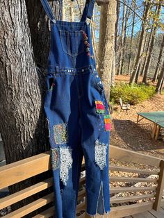 Overall With Patches, Overalls With Patches, Stretchy Overalls, Diy Overalls, Embroidered Overalls, Patchwork Overalls, Womens Overalls, Upcycle Clothing, Patchwork Diy