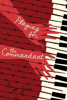 the cover for playing for the commandlant by sue guiel, featuring barbed wire and piano keys