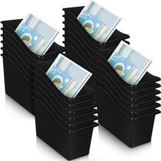 four stacks of black plastic bins with money in them