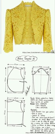 an image of a yellow jacket with laces on the shoulders and back, as well as instructions for how to sew it