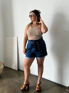 Plus Size Denim Tie Belt Shorts Plus Size Bottoms -2020AVE Denim Tie, Stretchy Shorts, Bag Shorts, Paper Bag Shorts, Plus Size Denim, Belt Tying, Belted Shorts, Tie Belt, Medium Blue