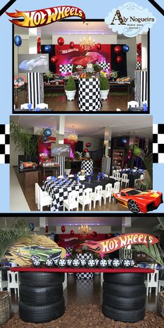 there are two pictures of a car themed party