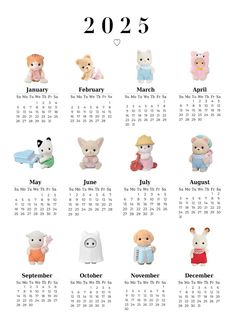 a calendar with teddy bears on it and the date for each month in white background