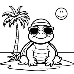 a turtle wearing sunglasses and a hat sitting on the beach with a palm tree in the background