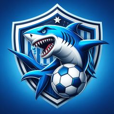 a shark holding a soccer ball with its mouth open and it's teeth out