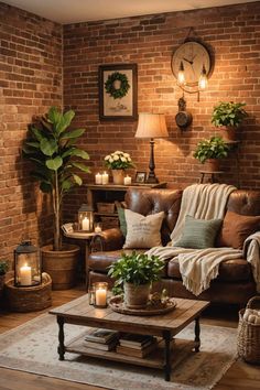 a living room with brick walls and leather furniture